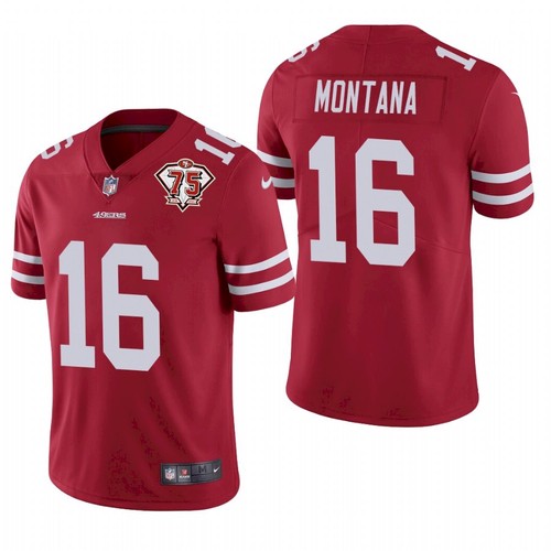 Men's San Francisco 49ers #16 Joe Montana 2021 Red NFL 75th Anniversary Vapor Untouchable Stitched Jersey Men's San Francisco 49ers #16 Joe Montana 2021 Red NFL 75th Anniversary Vapor Untouchable Stitched Jersey